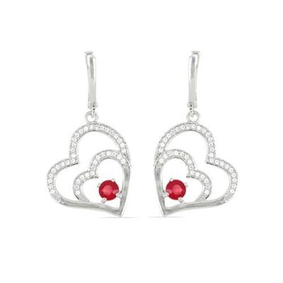GENUINE GLASS FILLED RUBY GEMSTONE HEART EARRINGS IN STERLING SILVER