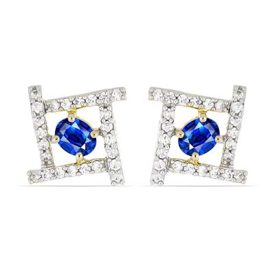 BUY 14K GOLD NATURAL BLUE SAPPHIRE GEMSTONE HALO EARRINGS WITH WHITE DIAMOND