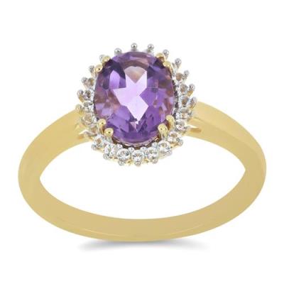 BUY STERLING SILVER NATURAL BRAZILIAN AMETHYST WITH WHITE ZIRCON GEMSTONE RING