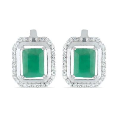 JEWELPIN NATURAL EMERALD EARRINGS WHOLESALE IN 925 STERLING SILVER WITH WHITE ZIRCON HALO