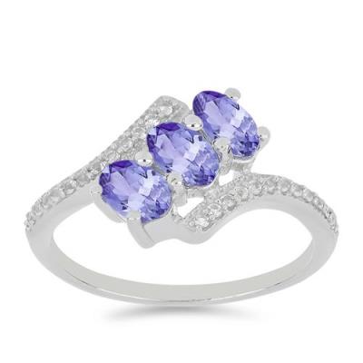 BUY NATURAL TANZANITE WITH WHITE ZIRCON GEMSTONE CLASSIC RING IN 925 SILVER
