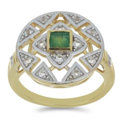 BUY 925 SILVER NATURAL EMERALD WITH WHITE ZIRCON GEMSTONE RING 