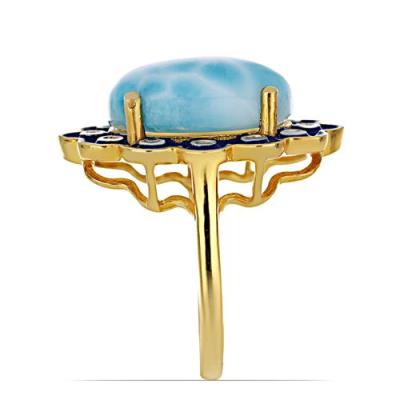 BUY NATURAL LARIMAR WITH WHITE TOPAZ GEMSTONE ENAMEL RING 