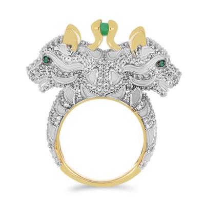 BUY 925 SILVER NATURAL EMERALD WITH WHITE ZIRCON GEMSTONE PANTHER ENAMEL RING 