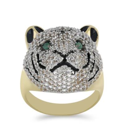 BUY STERLING SILVER NATURAL EMERALD WITH WHITE ZIRCON GEMSTONE ENAMEL RING 