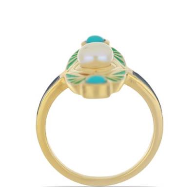 BUY 925 SILVER NATURAL BLUE TURQUOISE WITH WHITE FRESHWATER PEARL GEMSTONE ENAMEL RING