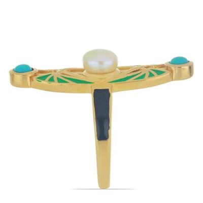 BUY 925 SILVER NATURAL BLUE TURQUOISE WITH WHITE FRESHWATER PEARL GEMSTONE ENAMEL RING