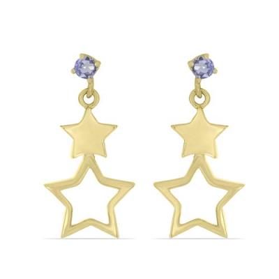 925 SILVER DOUBLE STAR DROP EARRINGS WITH NATURAL TANZANITE – GOLD PLATED