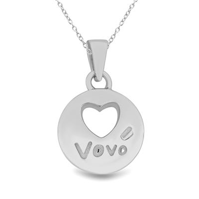 PLAIN SILVER CIRCULAR PENDANT WITH HEART CUTOUT AND "VOVÓ" ENGRAVING.