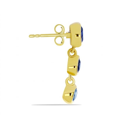 BUY 925 SILVER GOLD PLATED THREE STONE DESIGN EARRING WITH BLUE SAPPHIRE GEMSTONE