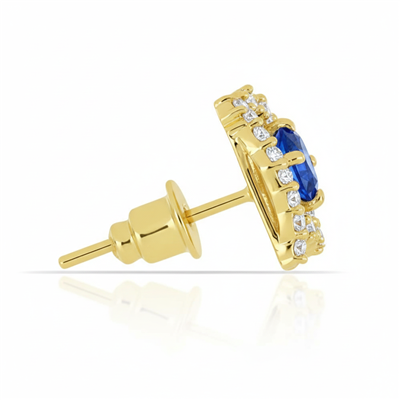 BUY 14K GOLD NATURAL BLUE SAPPHIRE GEMSTONE HALO EARRINGS WITH WHITE DIAMOND