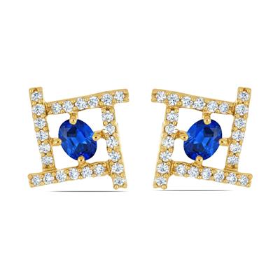 BUY 14K GOLD NATURAL BLUE SAPPHIRE GEMSTONE HALO EARRINGS WITH WHITE DIAMOND