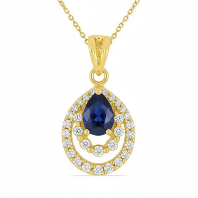 BUY 14K GOLD NATURAL BLUE SAPPHIRE GEMSTONE CLASSIC PENDANT WITH WHITE DIAMOND
