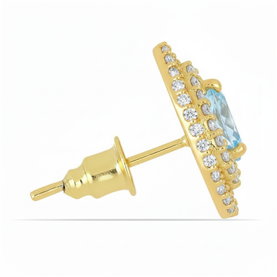 14K Gold Pear Aquamarine Double Halo Studs High-Coverage Gemstone Cluster - Wholesale Two-Tone Halo Jewelry Exporter USA