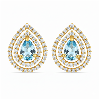 14K Gold Pear Aquamarine Double Halo Studs High-Coverage Gemstone Cluster - Wholesale Two-Tone Halo Jewelry Exporter USA