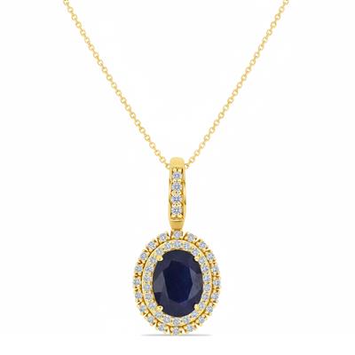 BUY 14K GOLD WITH NATURAL BLUE SAPPHIRE GEMSTONE HALO PENDNAT