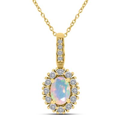 BUY 14K GOLD WITH ETHIOPIAN OPAL GEMSTONE HALO PENDANT
