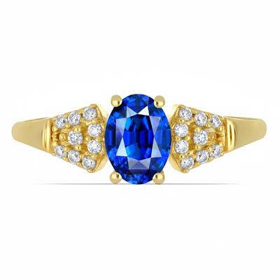 BUY 14K GOLD NATURAL BLUE SAPPHIRE GEMSTONE CLASSIC RING WITH WHITE DIAMOND