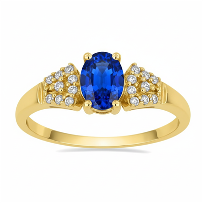 BUY 14K GOLD NATURAL BLUE SAPPHIRE GEMSTONE CLASSIC RING WITH WHITE DIAMOND
