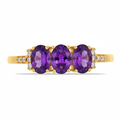 WHOLESALE 14K GOLD PURPLE AMETHYST THREE-STONE RING WITH DIAMOND ACCENTS – USA SUPPLIER