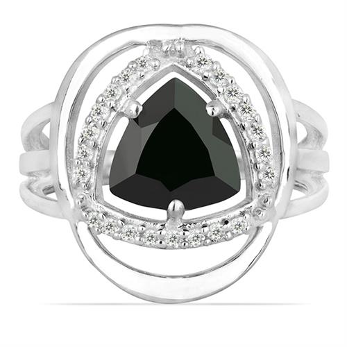 NATURAL BLACK ONYX  GEMSTONE HALO  RING IN STERLING SILVER