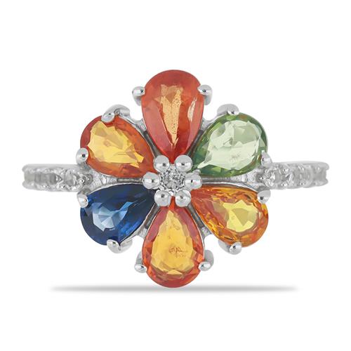 BUY NATURAL MULTI SAPPHIRE WITH WHITE ZIRCON GEMSTONE RING IN  925 SILVER 
